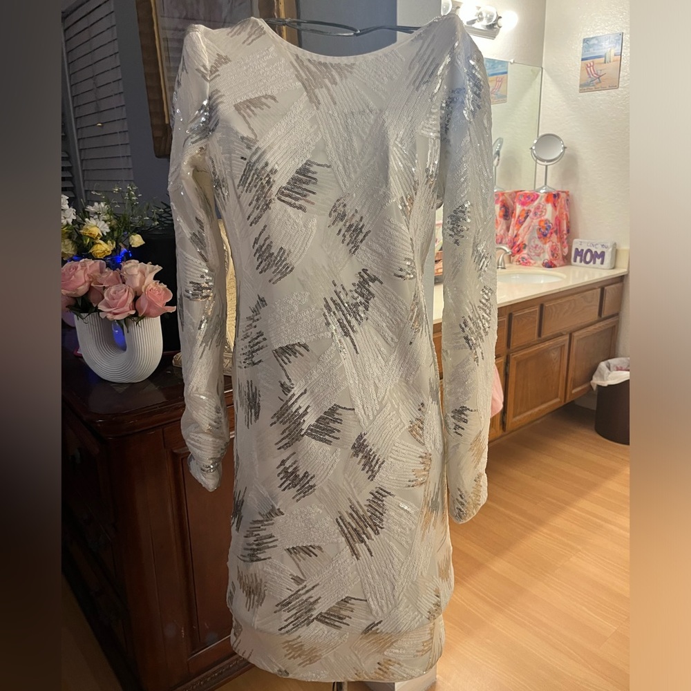 BCBG Maxazria Kamila Dress Long Sleeve Sequin White L